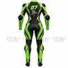 Black and neon green motorcycle racing suit, rear view