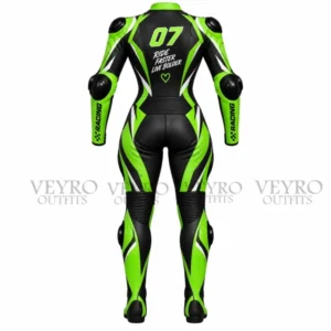 Black and neon green motorcycle racing suit, rear view