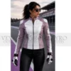 Woman in white purple moto jacket