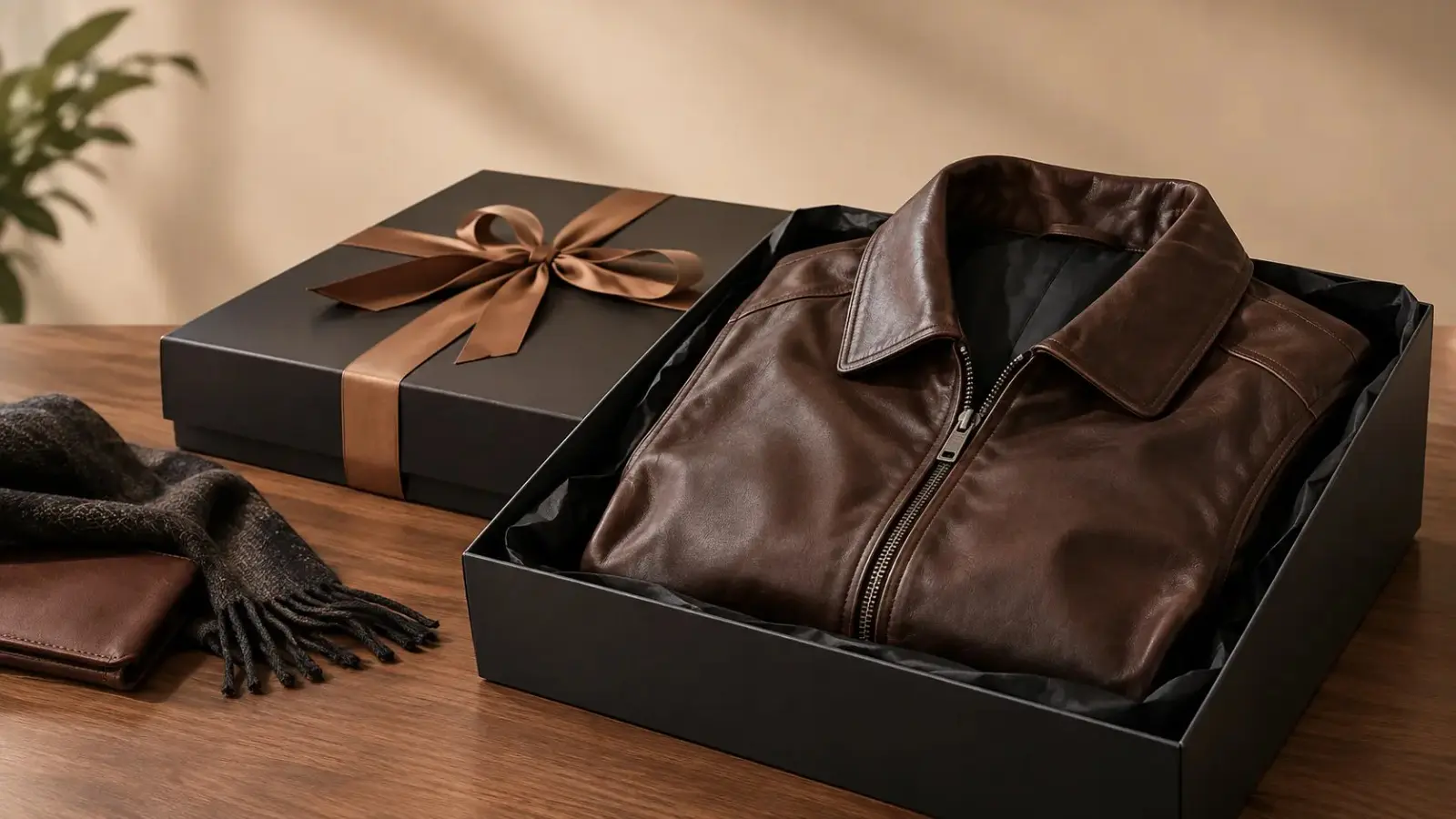 Brown leather jacket in a luxury gift box